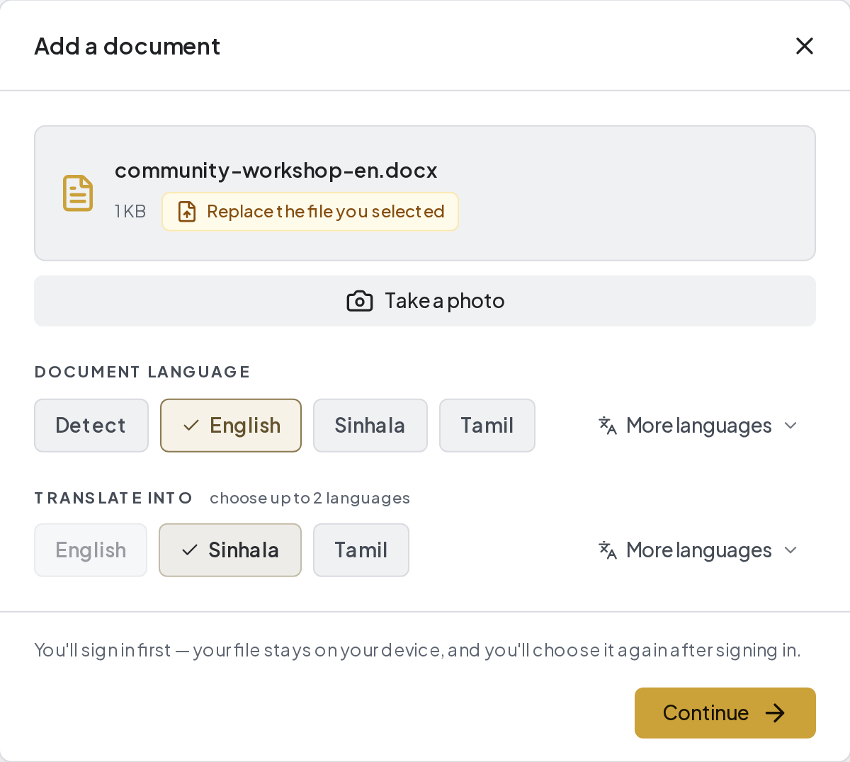 The Add a document dialog with the fictional community-workshop Word file selected.
